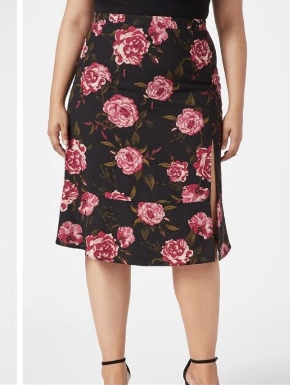 NEW JustFab Black Pink Floral 90s Slit Skirt XXL